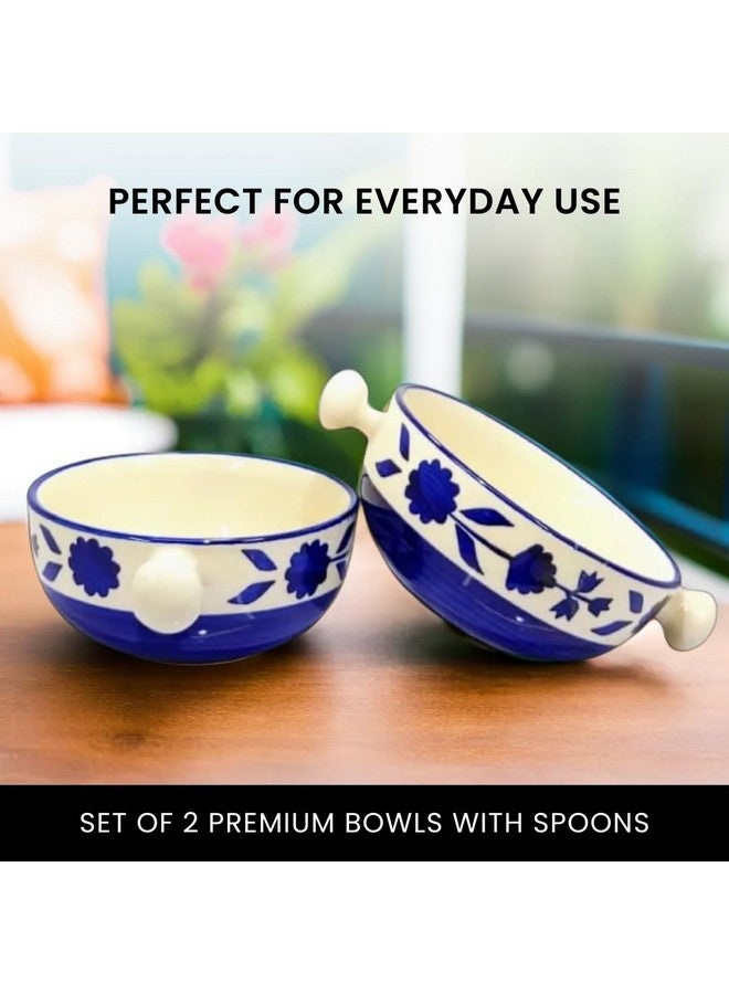 KITTENS Ceramic Soup Bowls 350ml - Set of 2 - Blue Floral Handpainted with Spoons | Microwave & Dishwasher Safe | Food Grade | Ideal for Soup, Maggi, Pasta, Snacks & Daily Use - Image 4