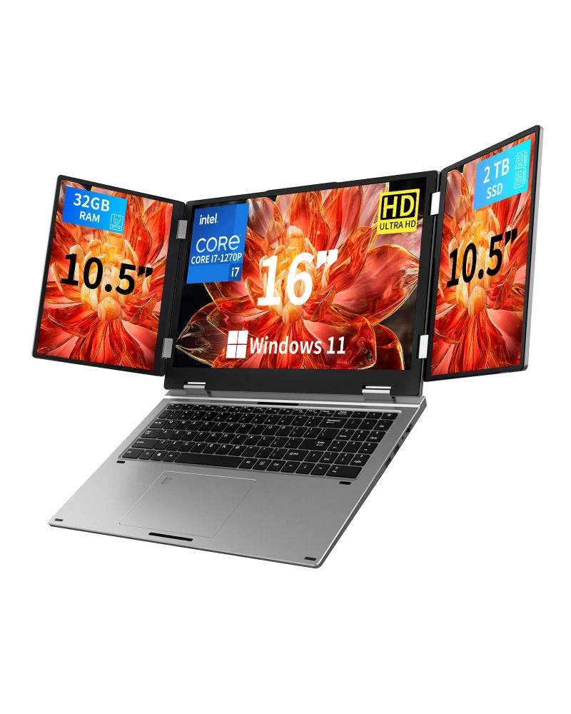 KOOFORWAY Triple Screen Laptop16 Main Dual 105 Monitors Core i71270P 32GB RAM2TB SSD Windows 11 ProWiFi 6BT 52Face Fingerprint UnlockUSBCHDMI for BusinessDesignStock Trading