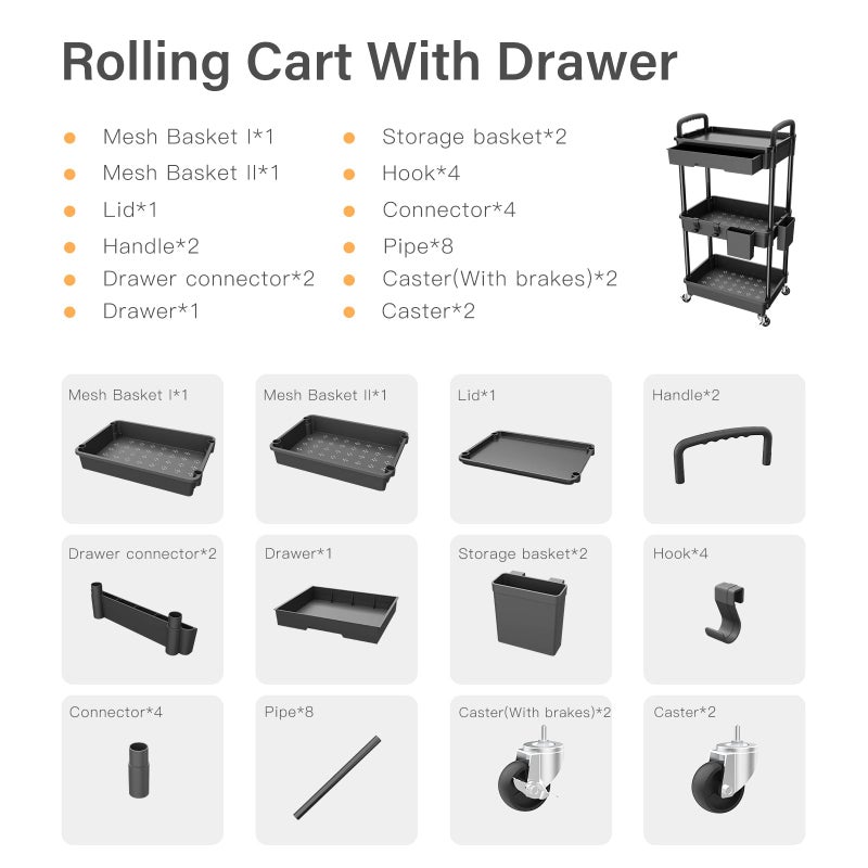 REBECAT 3 Tier Rolling Utility Cart with Drawer,REBECAT Utility Cart Made of Multifunctional Storage Organizer Tool for Kitchen,Bathroom,Living Room,Office(Black) - Image 4
