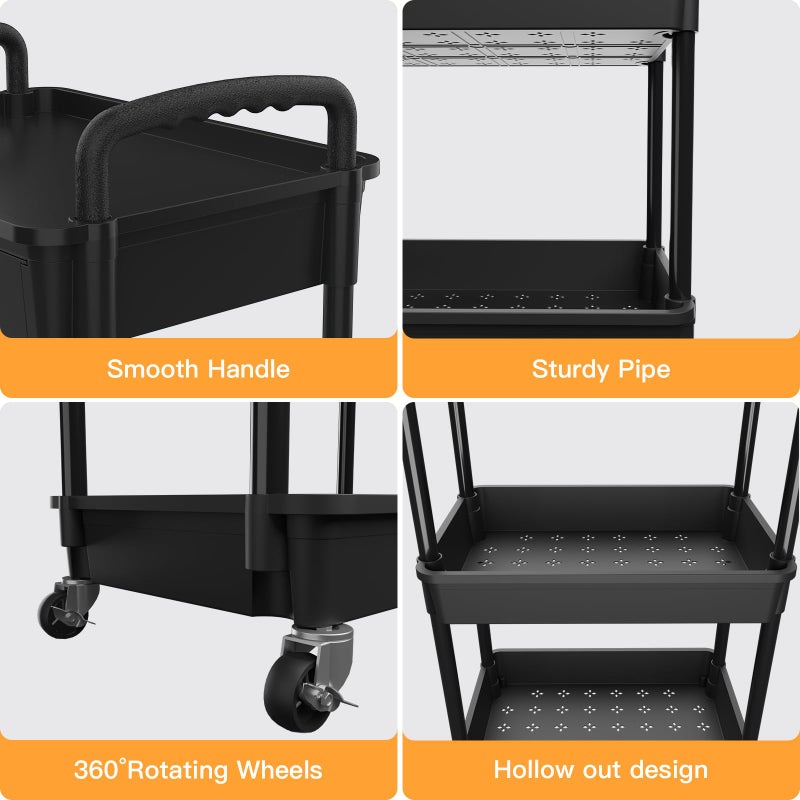 REBECAT 3 Tier Rolling Utility Cart with Drawer,REBECAT Utility Cart Made of Multifunctional Storage Organizer Tool for Kitchen,Bathroom,Living Room,Office(Black) - Image 2