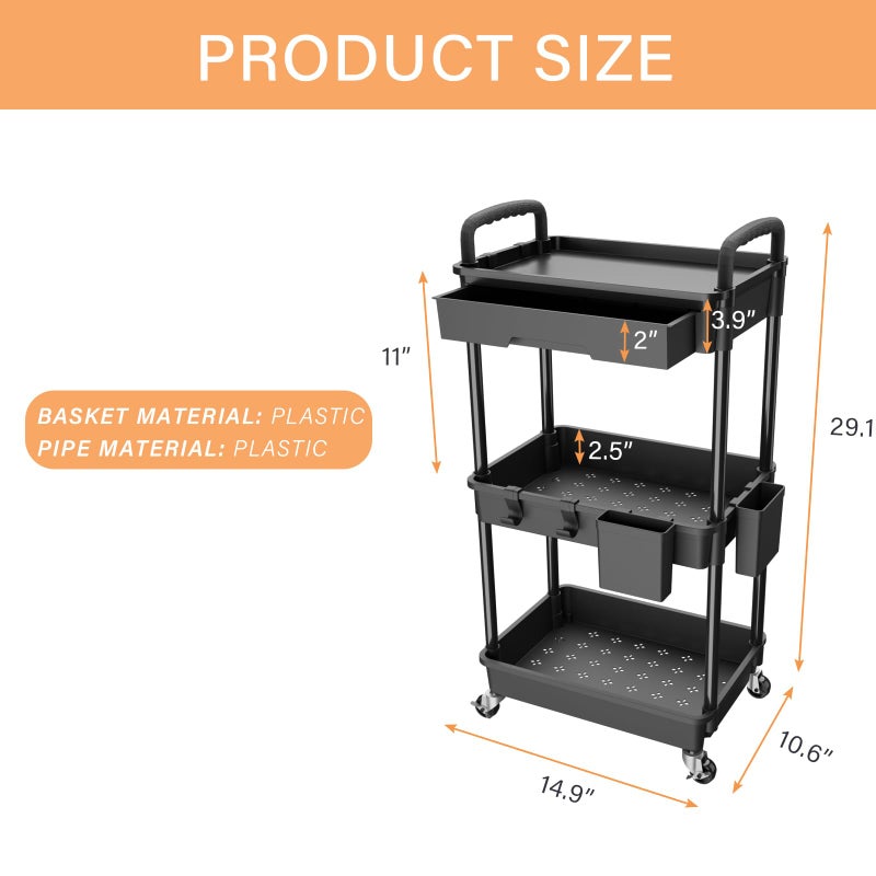 REBECAT 3 Tier Rolling Utility Cart with Drawer,REBECAT Utility Cart Made of Multifunctional Storage Organizer Tool for Kitchen,Bathroom,Living Room,Office(Black) - Image 5