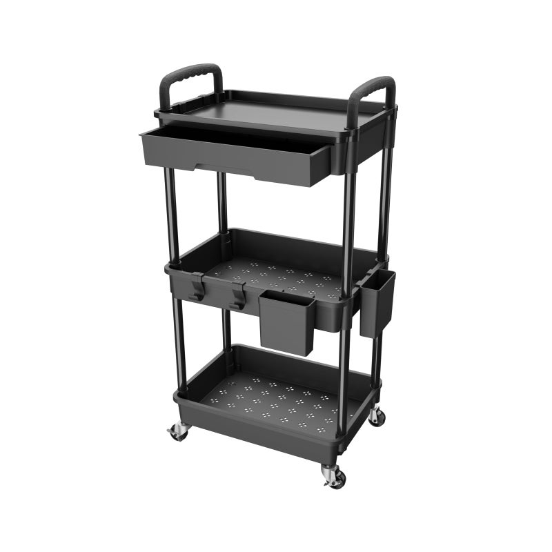REBECAT 3 Tier Rolling Utility Cart with Drawer,REBECAT Utility Cart Made of Multifunctional Storage Organizer Tool for Kitchen,Bathroom,Living Room,Office(Black) - Image 1