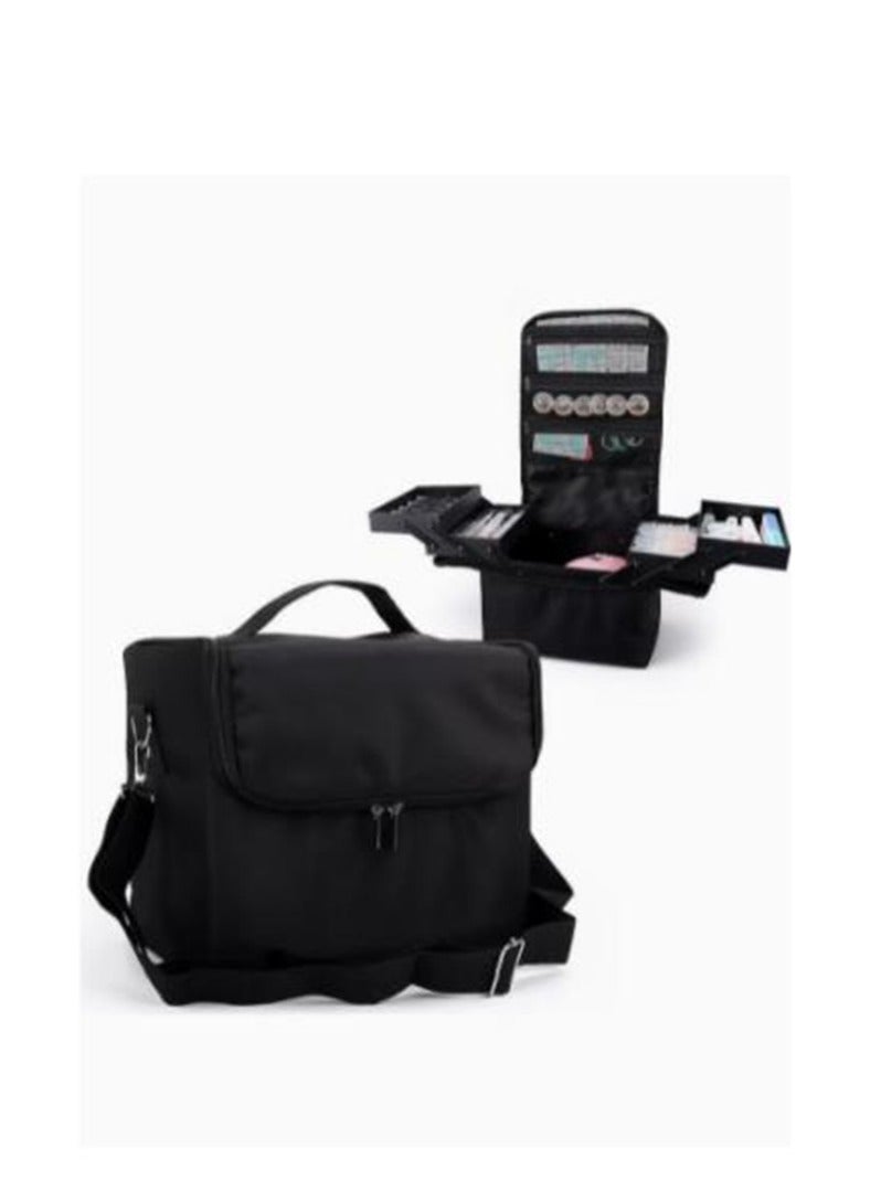 حقيبة كبيرة لحمل المكياج للنساء، صندوق تخزين حقيبة تنظيم المكياج باللون الأسود، حقيبة تنظيم الأظافر الاحترافية من 4 طبقات مع فواصل قابلة للتعديل لأدوات الأظافر والمجوهرات وفرش المكياج وأدوات الزينة - Image 1