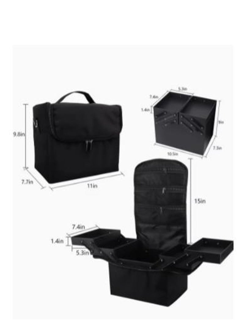 حقيبة كبيرة لحمل المكياج للنساء، صندوق تخزين حقيبة تنظيم المكياج باللون الأسود، حقيبة تنظيم الأظافر الاحترافية من 4 طبقات مع فواصل قابلة للتعديل لأدوات الأظافر والمجوهرات وفرش المكياج وأدوات الزينة - Image 5