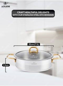 Life Smile Premium 18/10 Stainless Steel Shallow Cooking Pot - Induction 3-Ply Thick Base Casserrole with Glass Lid for Even Heating Oven Safe Silver Gold  - Image 3