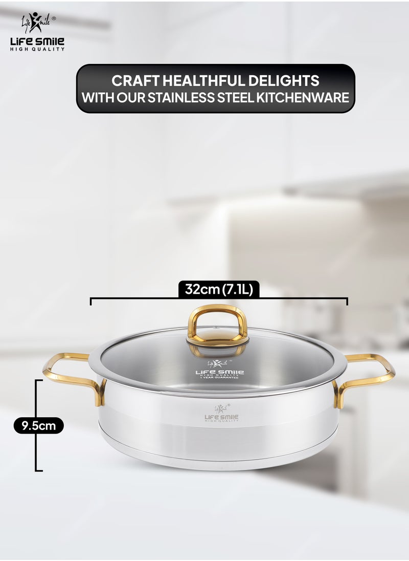 Life Smile Premium 18/10 Stainless Steel Shallow Cooking Pot - Induction 3-Ply Thick Base Casserrole with Glass Lid for Even Heating Oven Safe Silver Gold  - Image 3