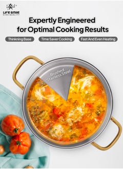 Life Smile Premium 18/10 Stainless Steel Shallow Cooking Pot - Induction 3-Ply Thick Base Casserrole with Glass Lid for Even Heating Oven Safe Silver Gold  - Image 4