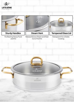 Premium 18/10 Stainless Steel Shallow Cooking Pot - Induction 3-Ply Thick Base Casserrole with Glass Lid for Even Heating Oven Safe Silver Gold - pzsku/ZD3F5F8DDB8D682B4A1C1Z/45/_/1711521827/3dafa5a8-d7b7-4a26-9767-29e0b710b9af