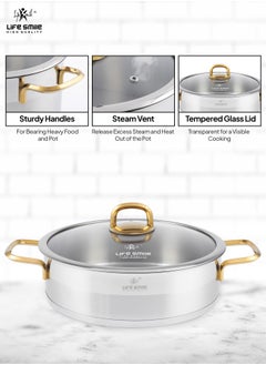 Life Smile Premium 18/10 Stainless Steel Shallow Cooking Pot - Induction 3-Ply Thick Base Casserrole with Glass Lid for Even Heating Oven Safe Silver Gold  - Image 5
