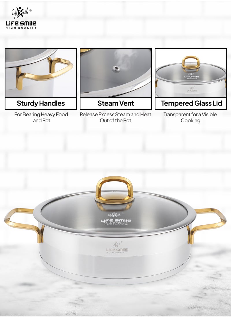 Life Smile Premium 18/10 Stainless Steel Shallow Cooking Pot - Induction 3-Ply Thick Base Casserrole with Glass Lid for Even Heating Oven Safe Silver Gold  - Image 5