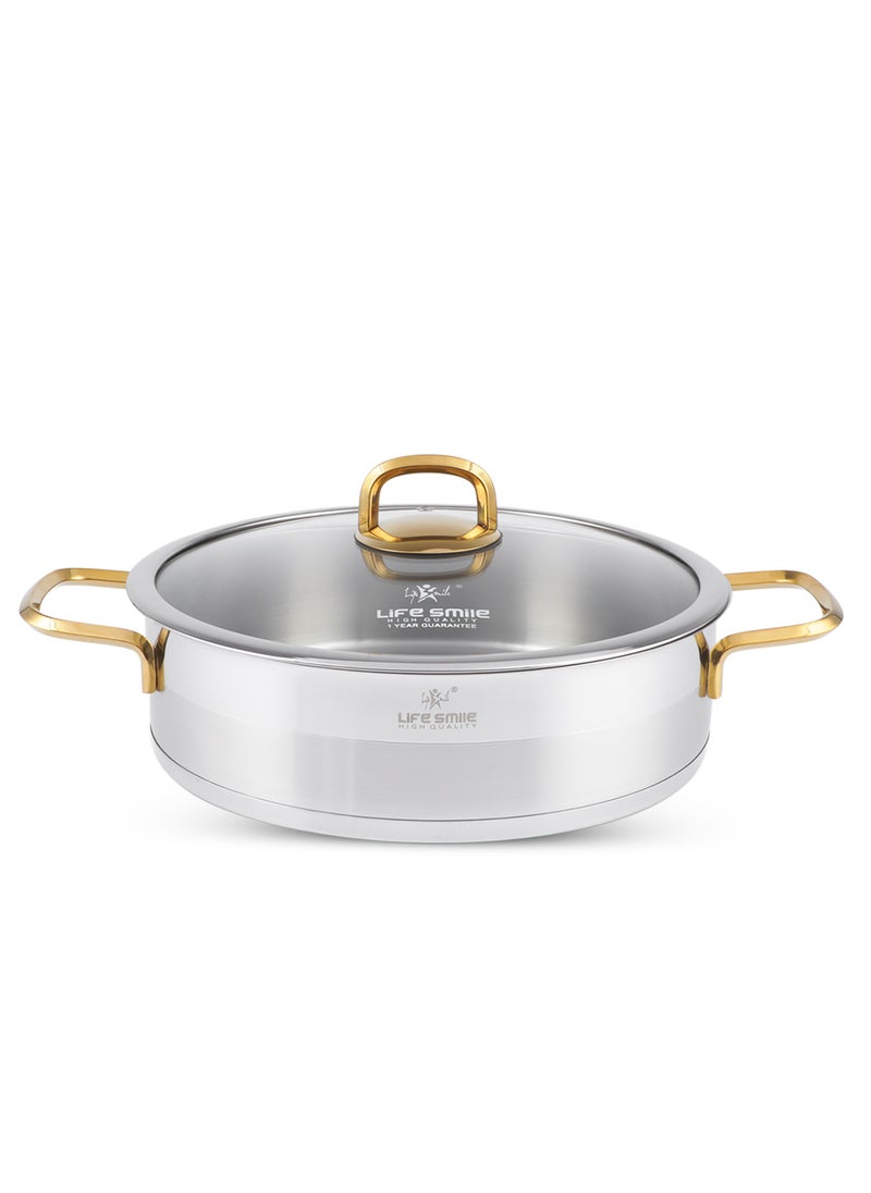 Life Smile Premium 18/10 Stainless Steel Shallow Cooking Pot - Induction 3-Ply Thick Base Casserrole with Glass Lid for Even Heating Oven Safe Silver Gold  - Image 1