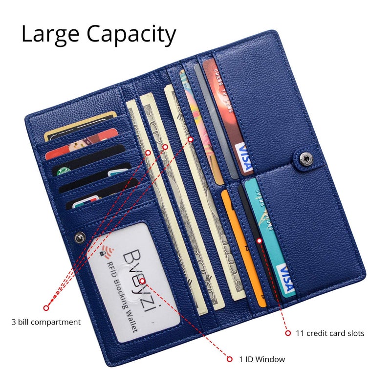 Bveyzi Ultra Slim Thin Leather RFID Blocking Credit Card Holder Bifold Clutch Wallets for Women (Navy Blue) - Image 3