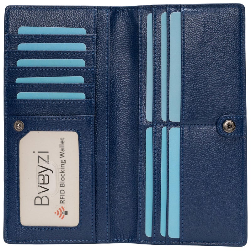 Bveyzi Ultra Slim Thin Leather RFID Blocking Credit Card Holder Bifold Clutch Wallets for Women (Navy Blue) - Image 1