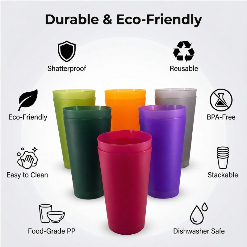 YUYUHUA Premium 32-ounce Large Cups, Multicolor Plastic Tumblers BPA Free Set of 12 for Indoor Outdoor Use (Multicolors) - Image 2