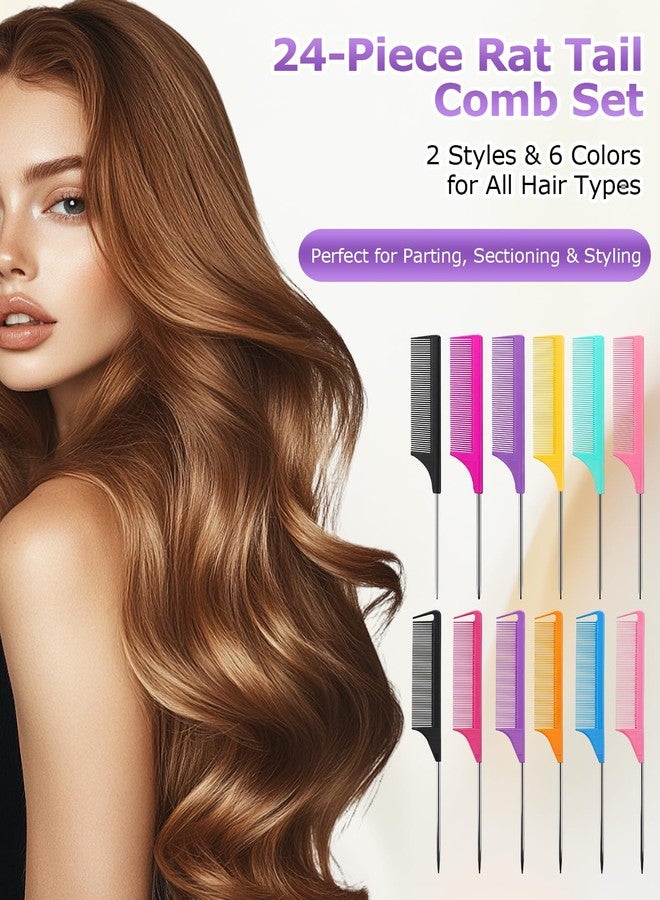 PASDUCHAS 24 Pcs Rat Tail Combs Set, Steel Pintail Teasing Combs for Braiding Hair, Fine Tooth Parting Combs Styling Tools for Women, 2 Styles & Multiple Colors - Image 2