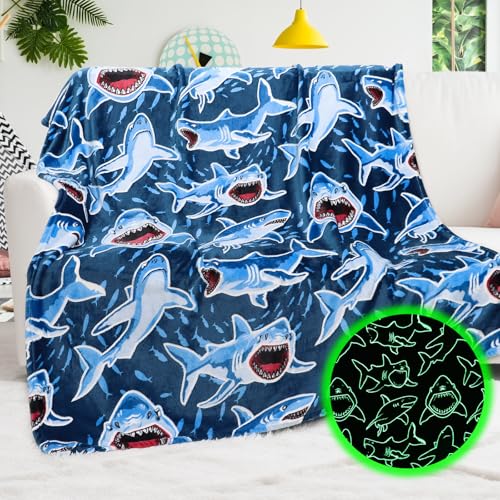 BORORO Glow in The Dark Shark Blanket - Cozy Shark Toys Birthday Gifts for Kids Boys 50x60 inch - Image 1