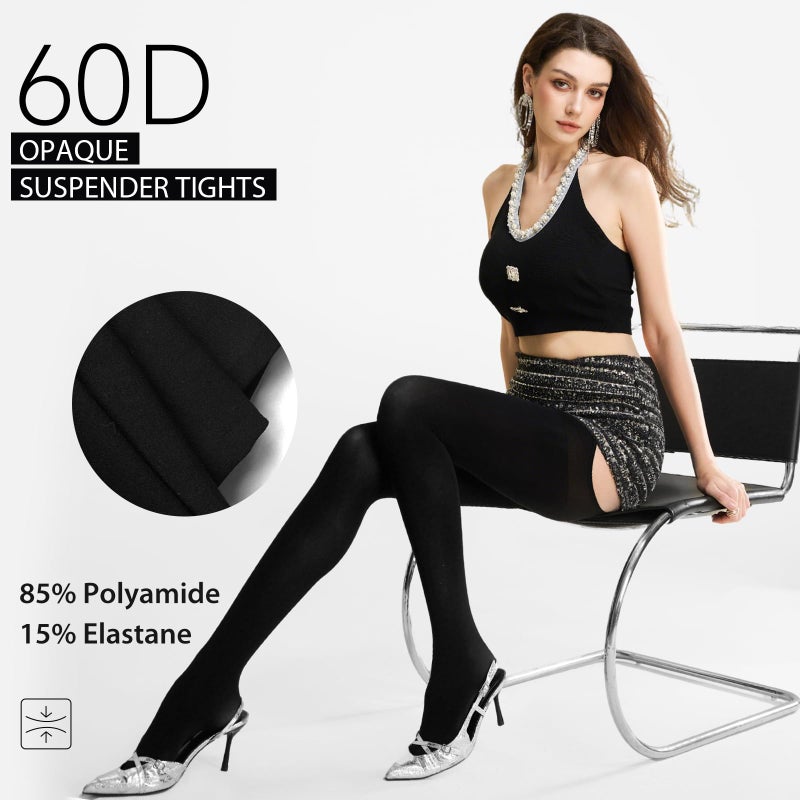 MANZI Suspender Tights for Women Opaque Garter Belt 60D Suspender Pantyhose Sheer Thigh High Stockings Black L-XL - Image 4