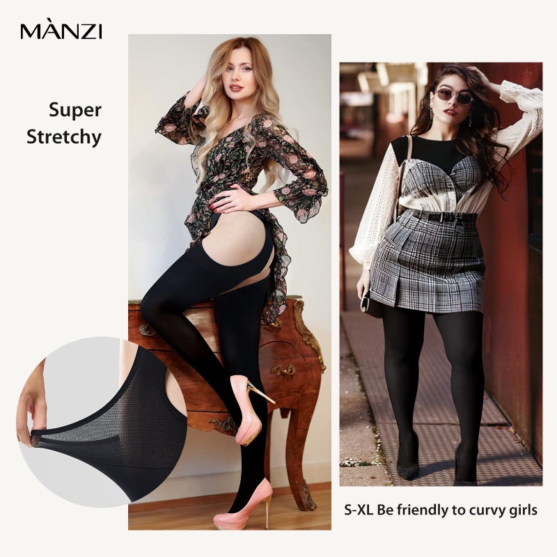 MANZI Suspender Tights for Women Opaque Garter Belt 60D Suspender Pantyhose Sheer Thigh High Stockings Black L-XL - Image 5