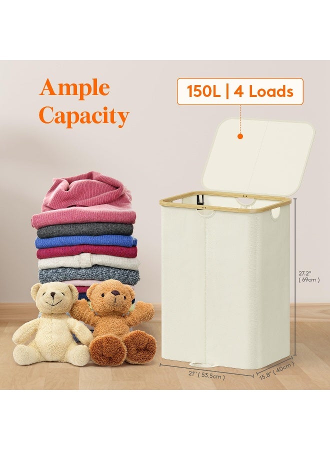 Lifewit 150L Double Laundry Hamper with Lid, Large Dual Laundry Basket Removable Bags, 2 Sections Aesthetic Clothes Hampers for Laundry with Bamboo Handles for Bedroom Bathroom Dorm, Beige - Image 2