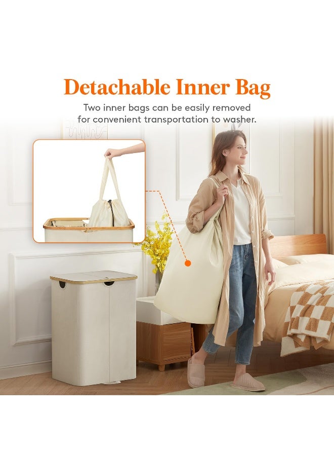 Lifewit 150L Double Laundry Hamper with Lid, Large Dual Laundry Basket Removable Bags, 2 Sections Aesthetic Clothes Hampers for Laundry with Bamboo Handles for Bedroom Bathroom Dorm, Beige - Image 4