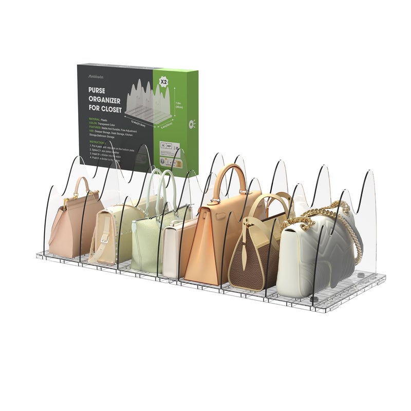 ANTOWIN 2 Pack Clear Purse Organizers for Closet Adjustable Shelf Divider Handbag Separators Storage Organizer Shelf Divider in Bedroom Office Kitchen - Image 2