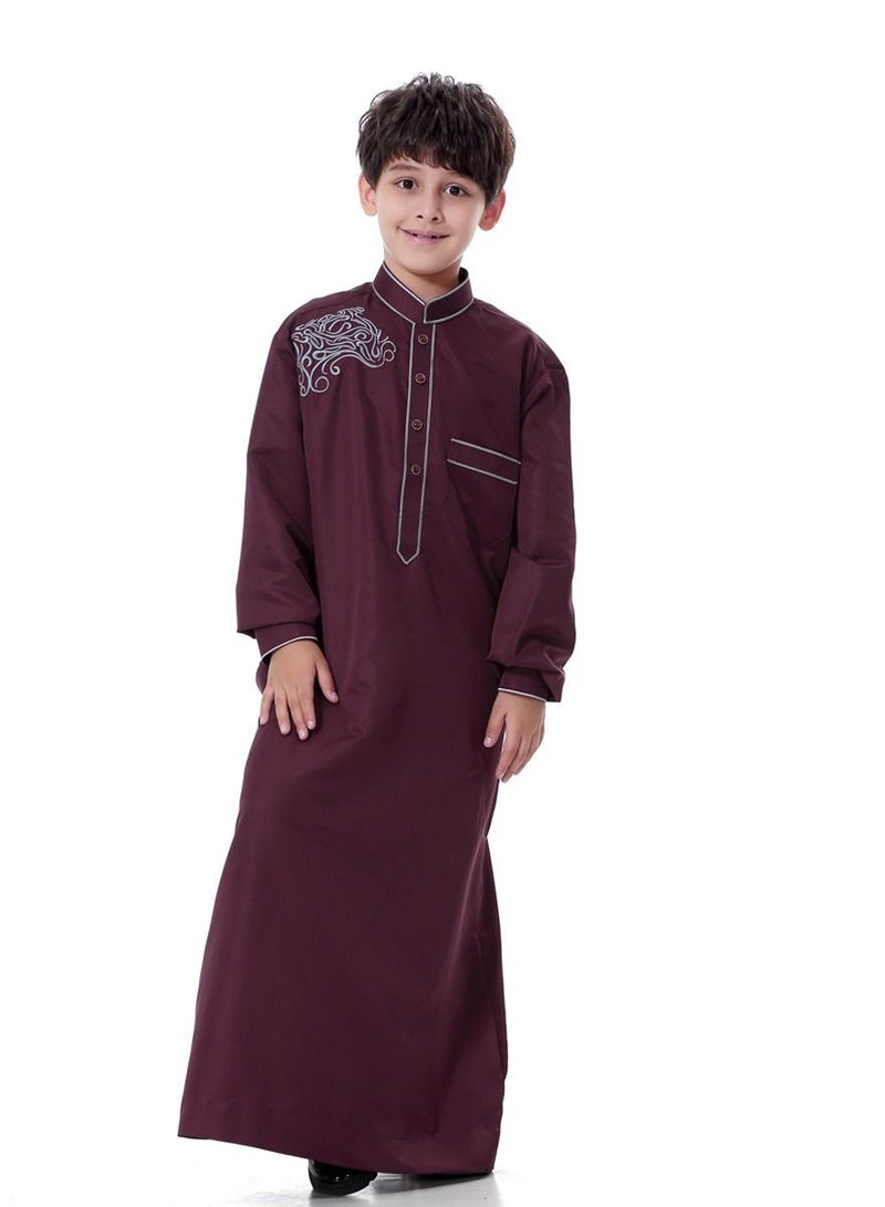 إسكدنيا Boys Jacquard Stand Collar Long Sleeve Abaya Robe Islamic Arabic Kaftan Wine Red  - Image 2