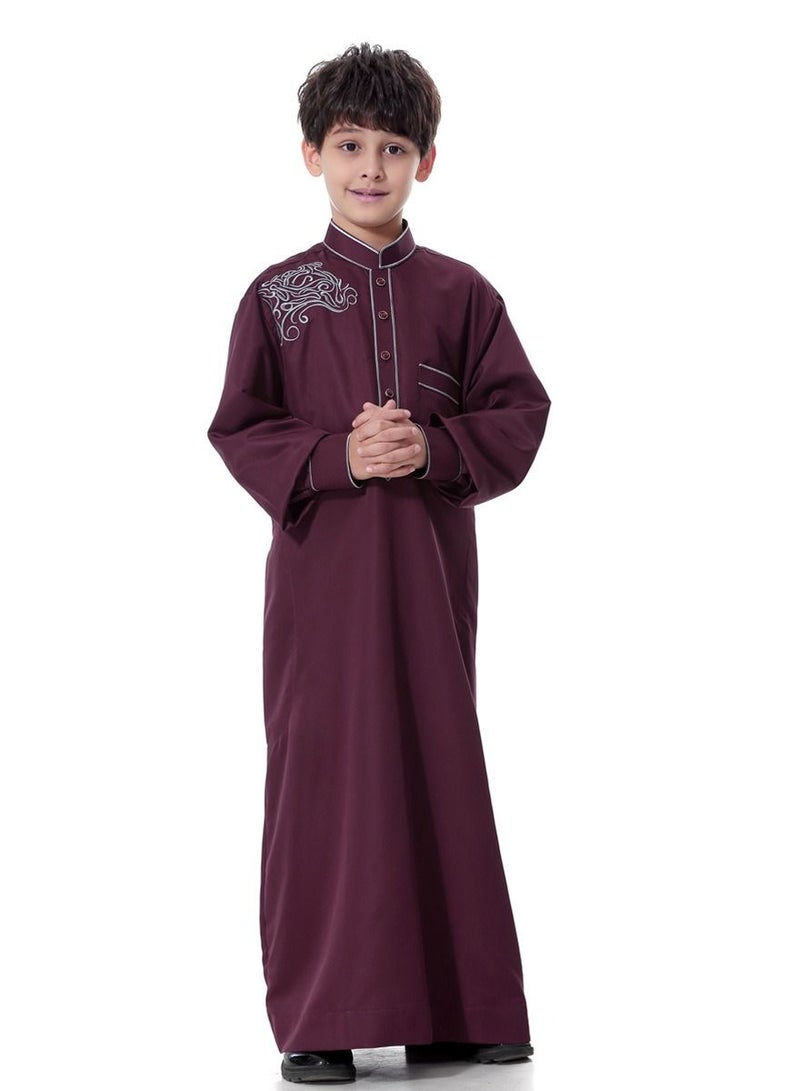 إسكدنيا Boys Jacquard Stand Collar Long Sleeve Abaya Robe Islamic Arabic Kaftan Wine Red  - Image 1