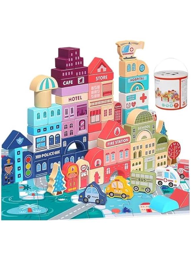 MIXDE Children's Wooden Building Block Toys, City Street Scenes City Street Scenes Colorful Characters Animal Car Large Particle Blocks, Suitable For 4 5 6 7 8 Years Old Children - Image 1