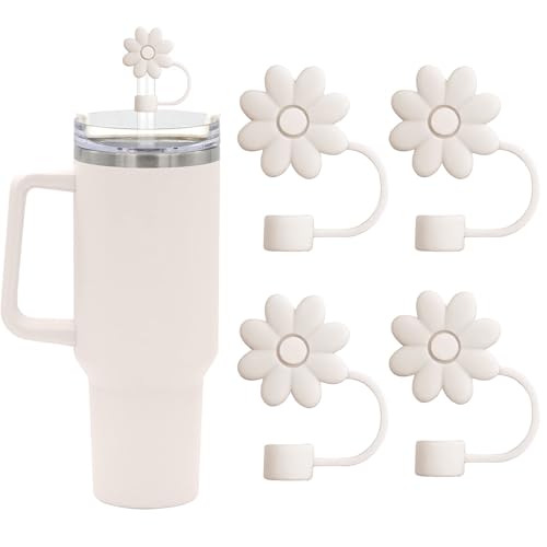SEMATA Flower Straw Covers for Stanley Cups 3040 Oz Tumbler with Handle Accessories  4 PCS Silicone Straw Caps Protectors  Off White