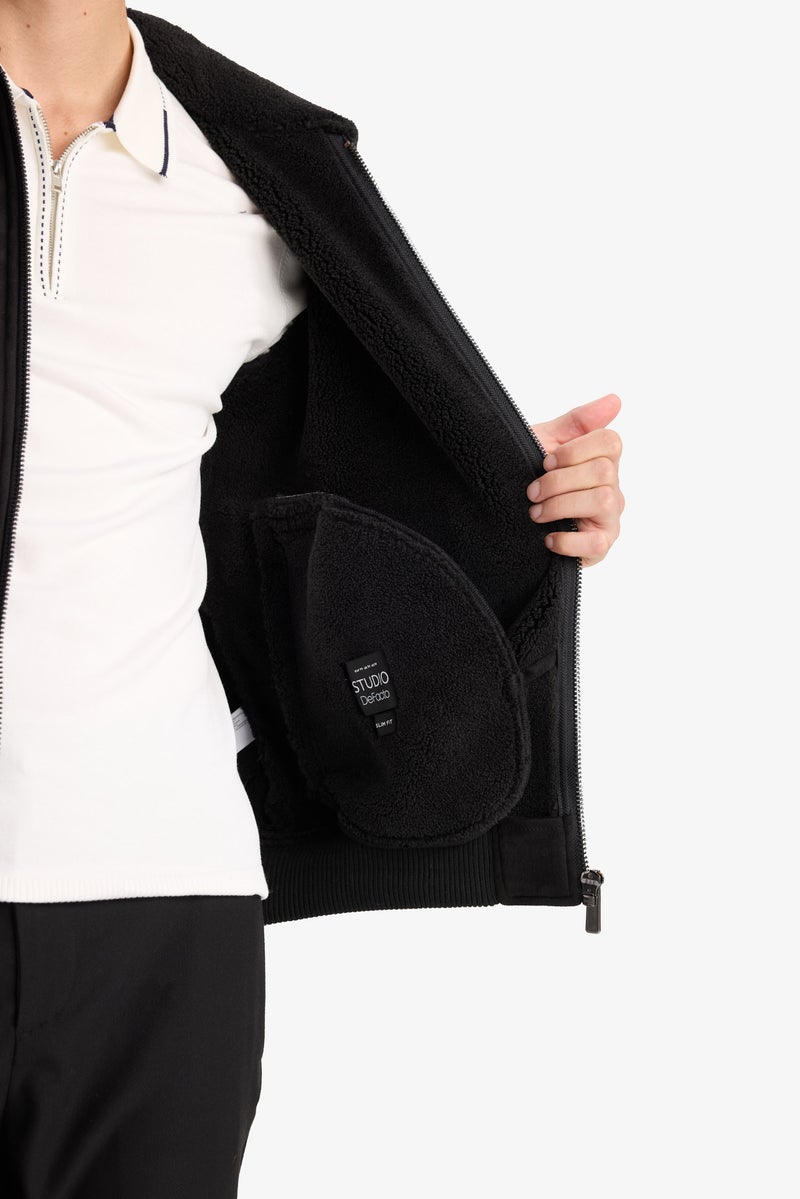 DeFacto Black Man Slim Fit Lined Suede Puffer Jacket Casual - Image 5