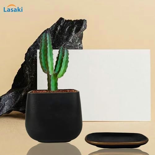 Lasaki Pearl Medium Black Gold Ceramic Pot with Bottom Tray/Plate for Pots | Flower Plant Gamla for Indoor, Outdoor, Garden Decoration, Balcony & Office (L-15 X W-15 X H-13.5 Cm) - Image 4