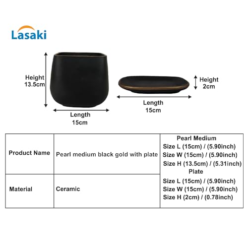 Lasaki Pearl Medium Black Gold Ceramic Pot with Bottom Tray/Plate for Pots | Flower Plant Gamla for Indoor, Outdoor, Garden Decoration, Balcony & Office (L-15 X W-15 X H-13.5 Cm) - Image 2
