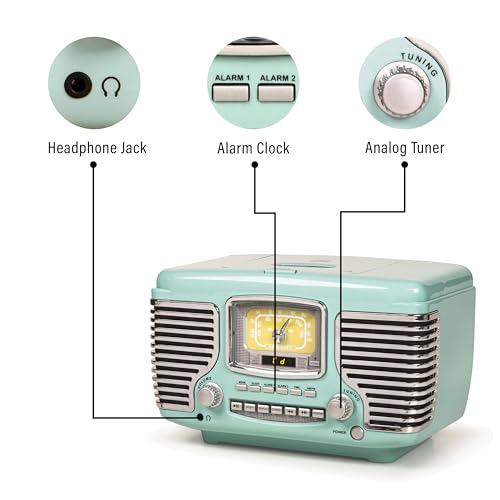 Crosley CR612B-AB Corsair Tabletop AM/FM Bluetooth Radio with CD Player and Dual Alarm Clock, Aqua Blue - Image 4