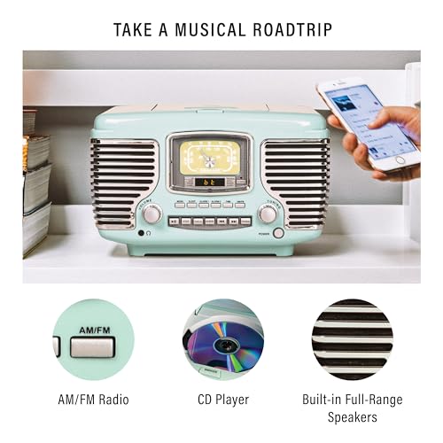 Crosley CR612B-AB Corsair Tabletop AM/FM Bluetooth Radio with CD Player and Dual Alarm Clock, Aqua Blue - Image 3