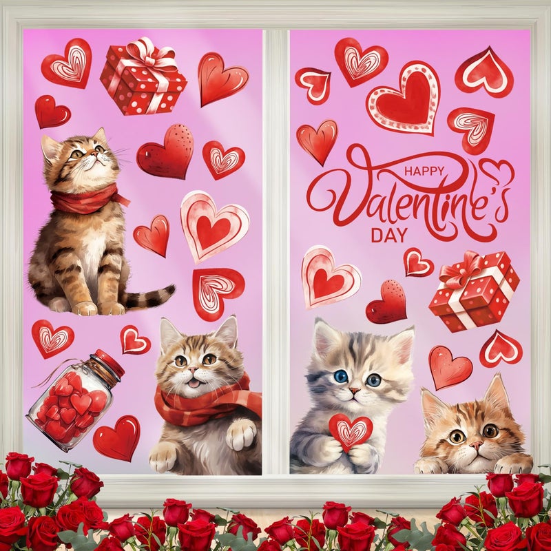 FOPINOA Valentineâ€™s Day Window Clings, Large Valentines Window Stickers Heart Windows Decals Windows Decor Double Sided for Valentines Day Decorations(8 Sheets) - Image 1