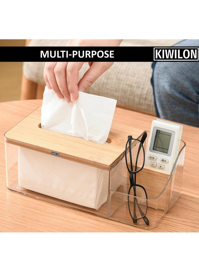Kiwilon Multi-Purpose Tissue Paper Holder Box - Transparent PET | Comes Up with Remote Holder-Cosmetic Holder and Bamboo Lid | Durable Material Made | Stylish & Modern (Black) - Image 2