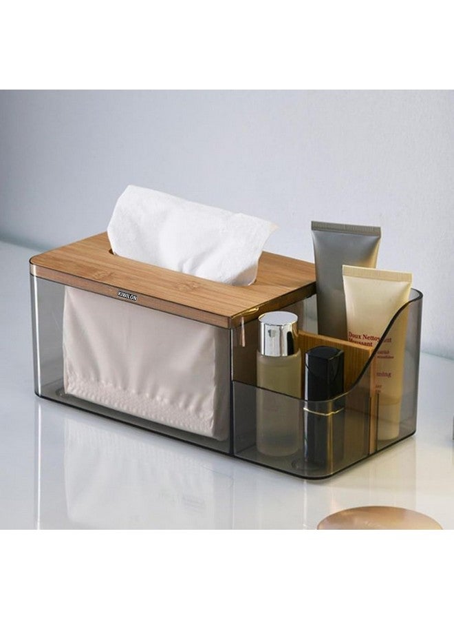 Kiwilon Multi-Purpose Tissue Paper Holder Box - Transparent PET | Comes Up with Remote Holder-Cosmetic Holder and Bamboo Lid | Durable Material Made | Stylish & Modern (Black) - Image 1