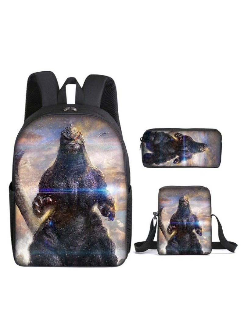Godzilla Children's leisure load reducing large capacity printed backpack for elementary school students, 3-piece set - Image 1
