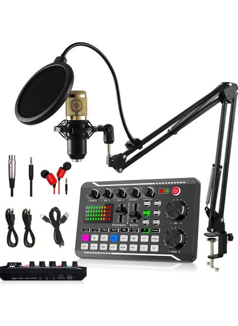 Sound Card F998+BM800 Podcast Kit with Audio Interface, F998 Voice Changer Sound Card Karaoke Microphone Stand with Mic Filter, Multi Sound Effects for Live Stream Recording (BM-800 Kit+F998)