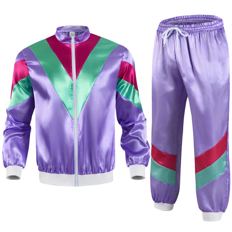 Cross Border 80 s Disco Sportswear Jacket and Pants Jogging Suit Retro Style 80 s Theme Party Purple Sportswear