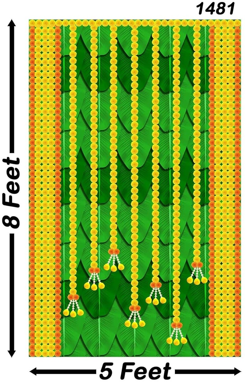 Backdropon Marigold Flower with Banana Leaf Design Backdrop Curtain for Decoration Backdrop Cloth for Pooja Decoration Traditional/Festival Fabric Size 8 Feet Height and 5 Feet Width(8 * 5) - Image 2