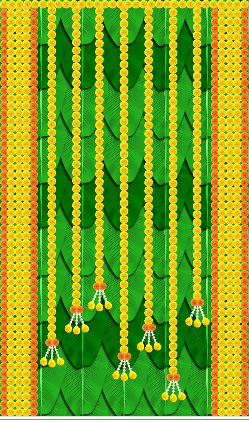 Backdropon Marigold Flower with Banana Leaf Design Backdrop Curtain for Decoration Backdrop Cloth for Pooja Decoration Traditional/Festival Fabric Size 8 Feet Height and 5 Feet Width(8 * 5) - Image 1