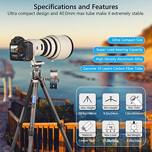 ARTCISE 40mm Lightweight Compact Carbon Fiber Tripod with 52mm Low Profile Ball Head Kit 10-Layer Carbon Heavy Duty Travel Camera Stand Detachable Monopod with Stone Bag+ Magic Arm+ Phone Clip Max Load 30 kg - Image 2
