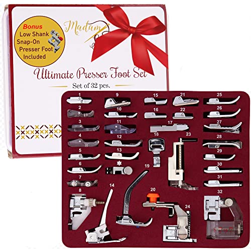 Madam Sew Presser Foot Set 32 Piece Set | The ONLY Sewing Machine Presser Foot Kit with Manual and Deluxe Storage Case | Numbered Slots for Organization | Compatible with Most Sewing Machines - Image 1