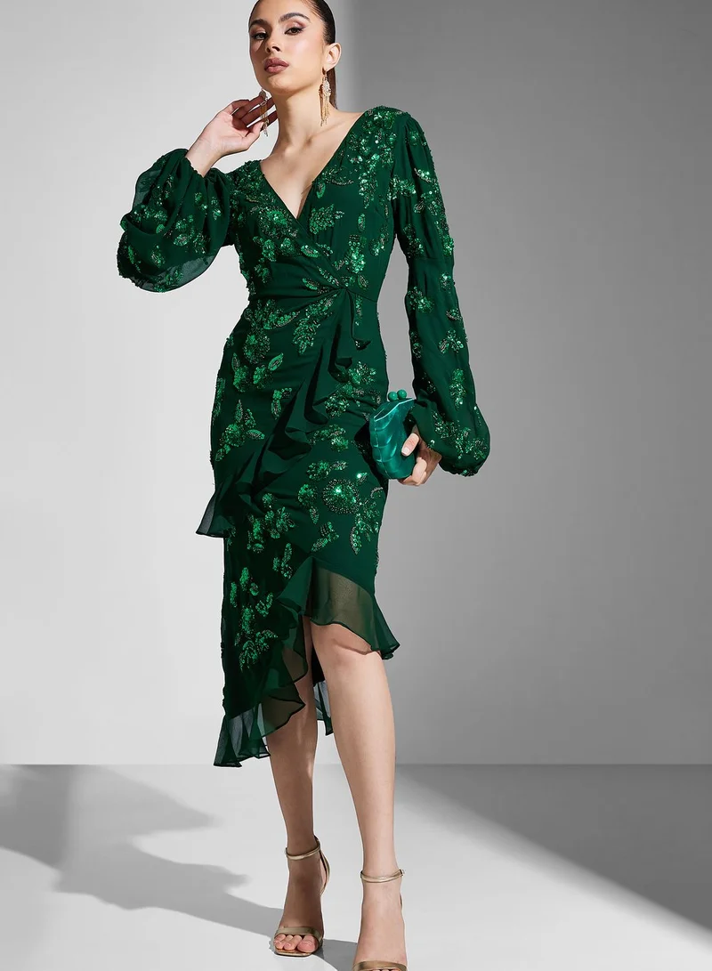 Virgos Lounge Embellished Ruffle Hem Dress
