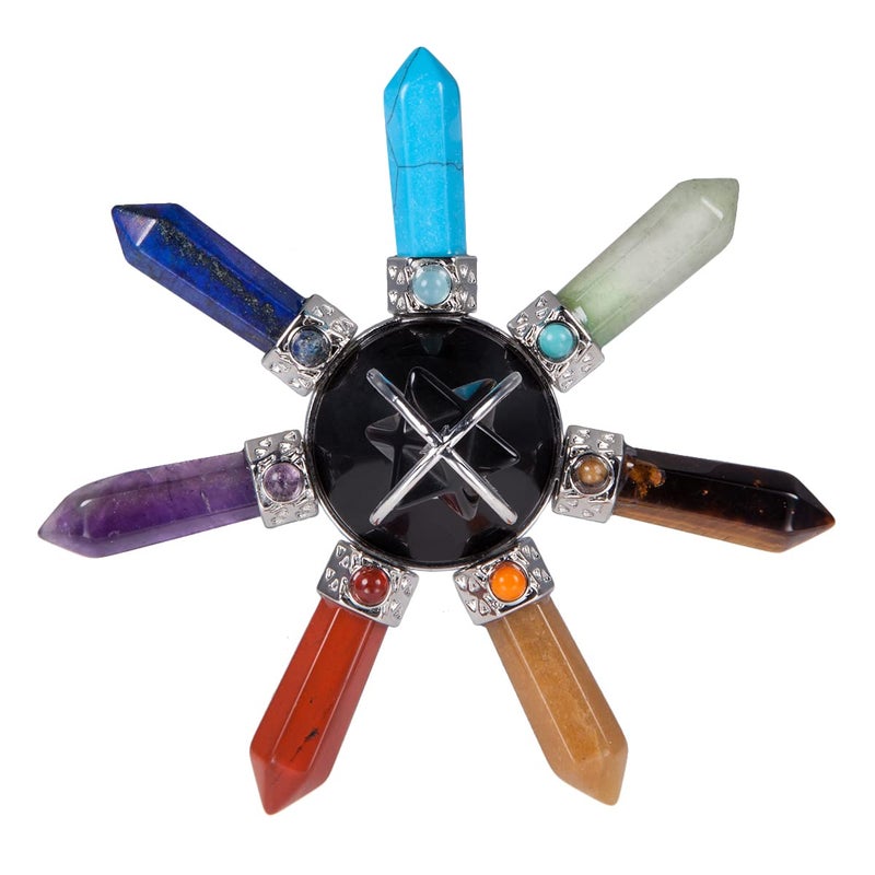 TUMBEELLUWA 7 Chakra Hexagonal Crystal Point Merkaba Pyramid Energy Generator for Healing, Reiki Balancing and Meditation, Black Obsidian - Image 2