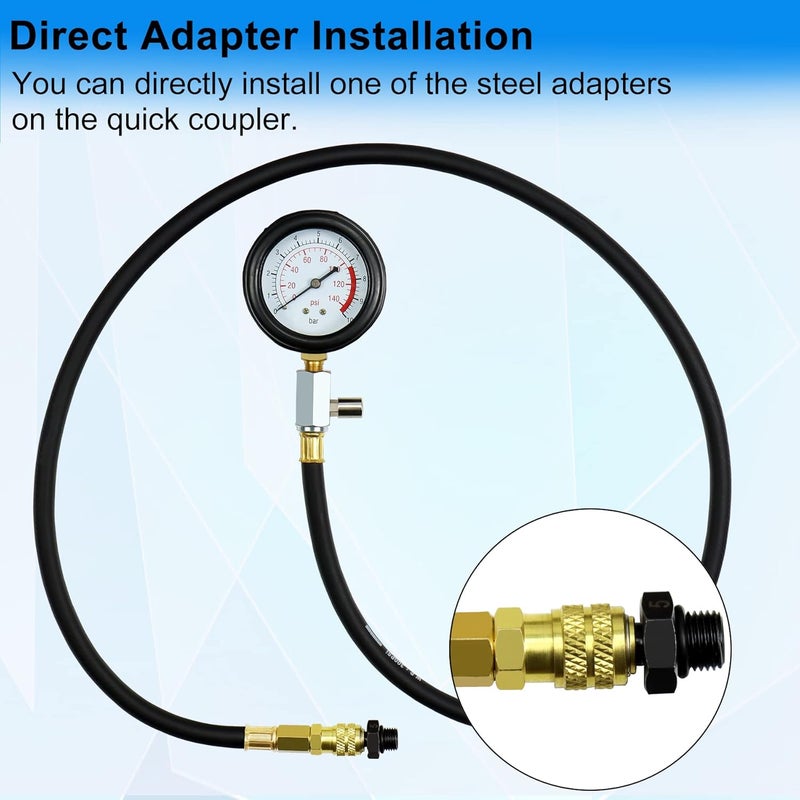 أداة اختبار ضغط الزيت ، مجموعة مقياس ضغط الزيت 0-140PSI لاختبار ضغط أسطوانات المحرك في نظام الوقود مع محولات خرطوم للسيارات والدراجات الرباعية والشاحنات، مع حقيبة حمراء - Image 2