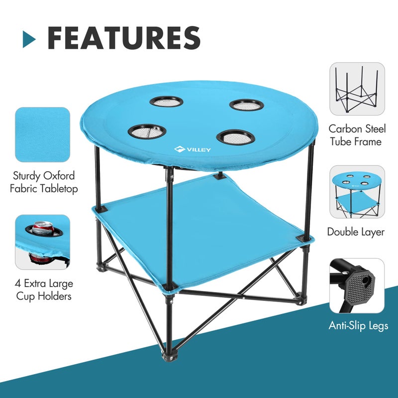 VILLEY Folding Camping Table, Lightweight Double-Layer Round Table with 4 Cup Holders and Carry Bag, Portable Beach Table for Camp, Travel, Fishing, Outdoor Activities, Blue - Image 4