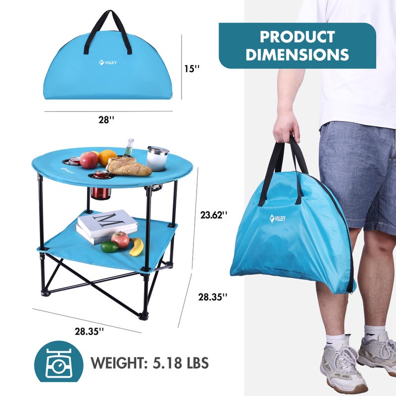 VILLEY Folding Camping Table, Lightweight Double-Layer Round Table with 4 Cup Holders and Carry Bag, Portable Beach Table for Camp, Travel, Fishing, Outdoor Activities, Blue - Image 2