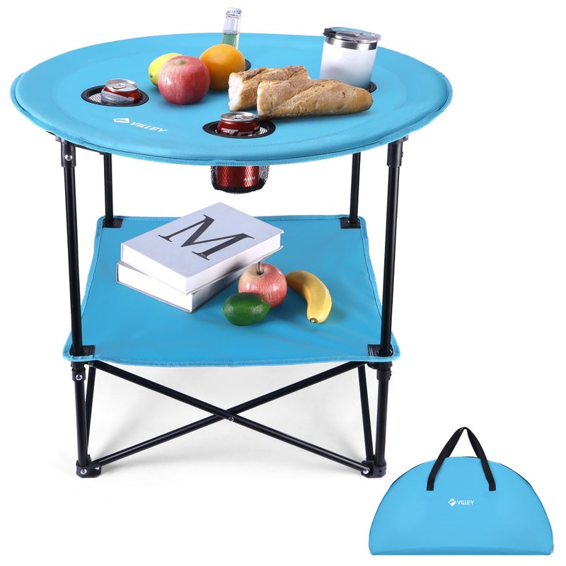 VILLEY Folding Camping Table, Lightweight Double-Layer Round Table with 4 Cup Holders and Carry Bag, Portable Beach Table for Camp, Travel, Fishing, Outdoor Activities, Blue - Image 1